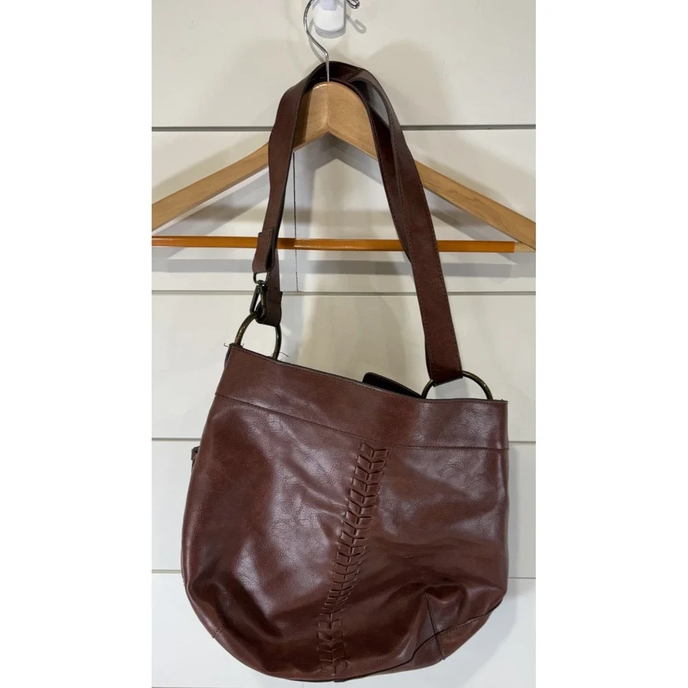 Faux Leather Brown Purse Bag with Woven Details Laptop Bag 14